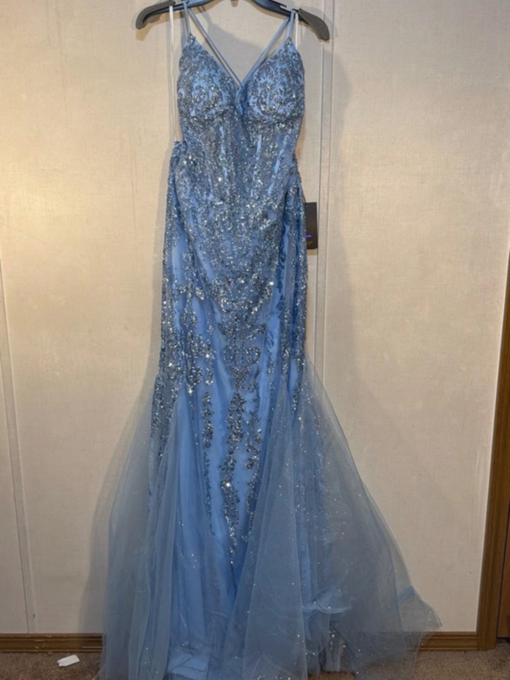 Terani Couture Light Blue Beaded Tulle Mermaid Gown